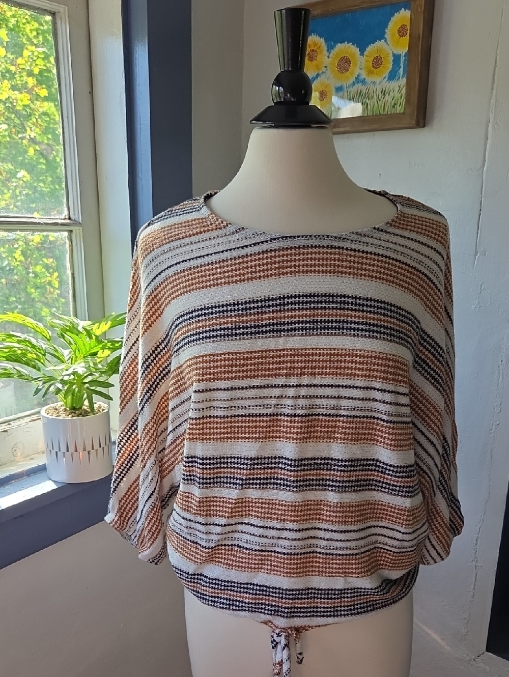 Lavish Striped Drawstring Hem Tunic in Cream, Brown & Navy